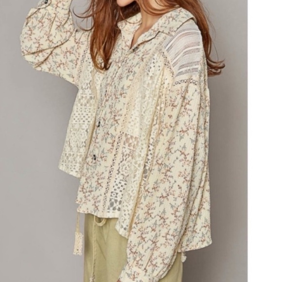 POL floral top - patch top - lace crochet button down top medium/large Boutique - Picture 7 of 11